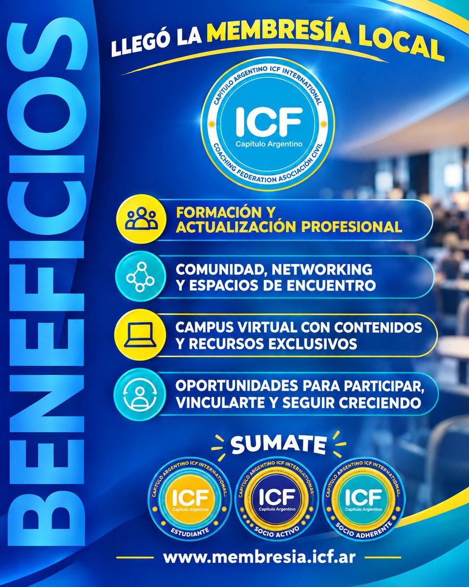 ICFArgentina's tweet photo. Lanzamos la MEMBRESÍA LOCAL de ICF Argentina

SUMATE al  Capitulo Argentino ICF International Coaching Federation Asociación Civil

https://t.co/jBaiVjdNoU

#ICFArgentina #CoachingProfesional #ComunidadICF #Coaching https://t.co/OChSgDI9DN