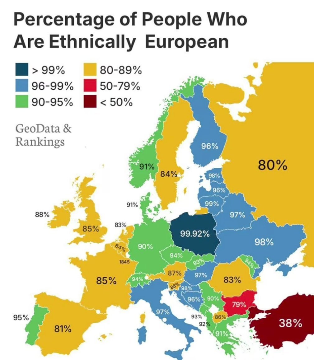 TheIndexInsider's tweet photo. People Who Are Ethnically European 

🇵🇱 Poland — 99.92%
🇪🇪 Estonia — 99%
🇺🇦 Ukraine — 98%
🇱🇻 Latvia — 98%
🇮🇹 Italy — 97%
🇧🇾 Belarus — 97%
🇷🇴 Romania — 97%
🇫🇮 Finland — 96%
🇱🇹 Lithuania — 96%
🇭🇷 Croatia — 96%
🇵🇹 Portugal — 95%
🇨🇿 Czechia — 94%
🇨🇭 Switzerland — 94%
🇲🇩 Moldova — 94%
🇸🇰 Slovakia — 93%
🇸🇮 Slovenia — 93%
🇬🇷 Greece — 91%
🇳🇴 Norway — 91%
🇩🇰 Denmark — 91%
🇩🇪 Germany — 90%
🇷🇸 Serbia — 90%
🇭🇺 Hungary — 87%
🇲🇰 North Macedonia — 86%
🇬🇧 United Kingdom — 85%
🇫🇷 France — 85%
🇸🇪 Sweden — 84%
🇧🇪 Belgium — 84%
🇷🇺 Russia — 80%
🇧🇬 Bulgaria — 79%
🇪🇸 Spain — 81%
 🇮🇪 Ireland — 88%
🇦🇹 Austria — 88%
🇳🇱 Netherlands — 83%
🇷🇴 Romania — 83%
🇹🇷 Turkey — 38%

Source: GeoData & Rankings