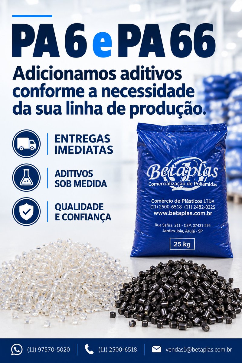 BETAPLAS's tweet photo. PA 6 e PA 66 para a sua produção. 💯

Na Betaplas, fornecemos Poliamidas para injeção e podemos adicionar aditivos conforme a necessidade da sua linha de produção, oferecendo uma solução mais adequada para cada aplicação.

📲 (11) 97570-5020
📧 vendas1@betaplas.com.br https://t.co/o1vs0Z3Ojm