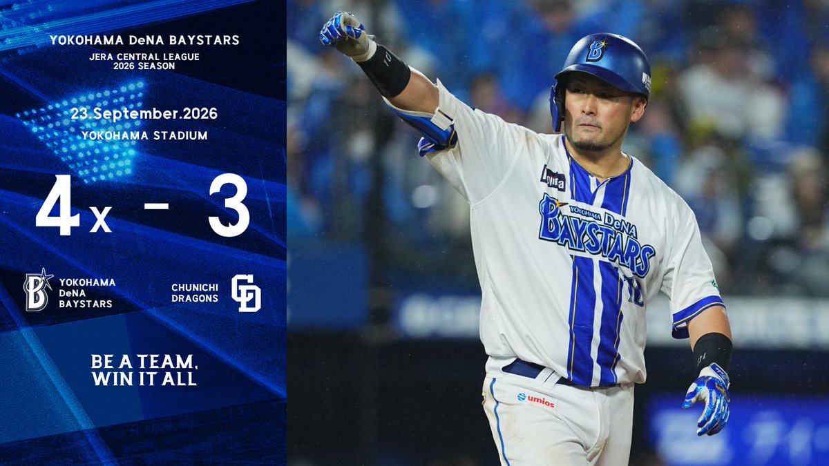 ydb_yokohama's tweet photo. 3回に2点を先取されるも、4回に #林琢真 選手のタイムリー3ベースなどで3点を奪い逆転に成功！6回に同点とされるも、救援陣が相手の勝ち越しを封じ続けて迎えた延長12回、 #戸柱恭孝 選手の今季第1号となるサヨナラアーチで決着！今季の対中日最終戦を白星で締めた！

#限界のその先へ
#baystars https://t.co/DIZDXMbLNO