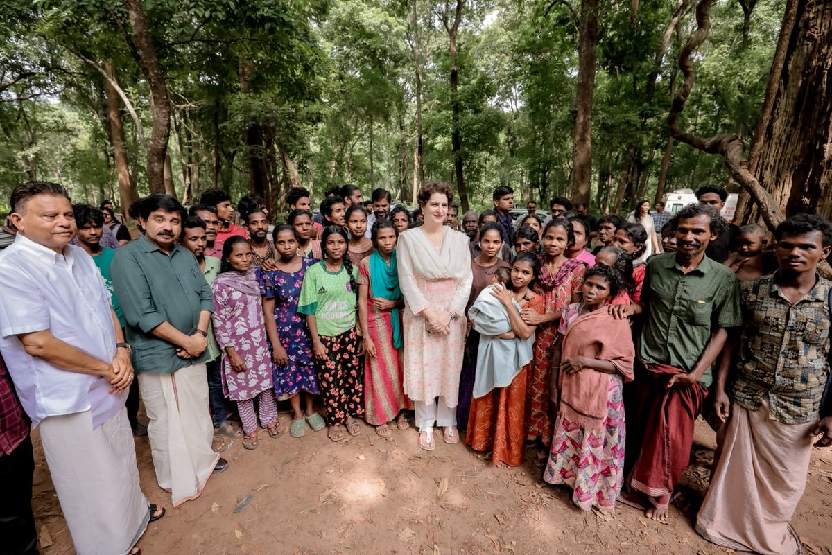 INCIndia's tweet photo. Congress General Secretary & Wayanad MP Smt. @priyankagandhi ji visited the displaced Adivasi settlement in Vaniyampuzha and assured the residents of her support in ensuring the timely completion of their homes.

She later paid a condolence visit to the family of late Billi ji, a victim of human-animal conflict.

📍 Wayanad, Kerala