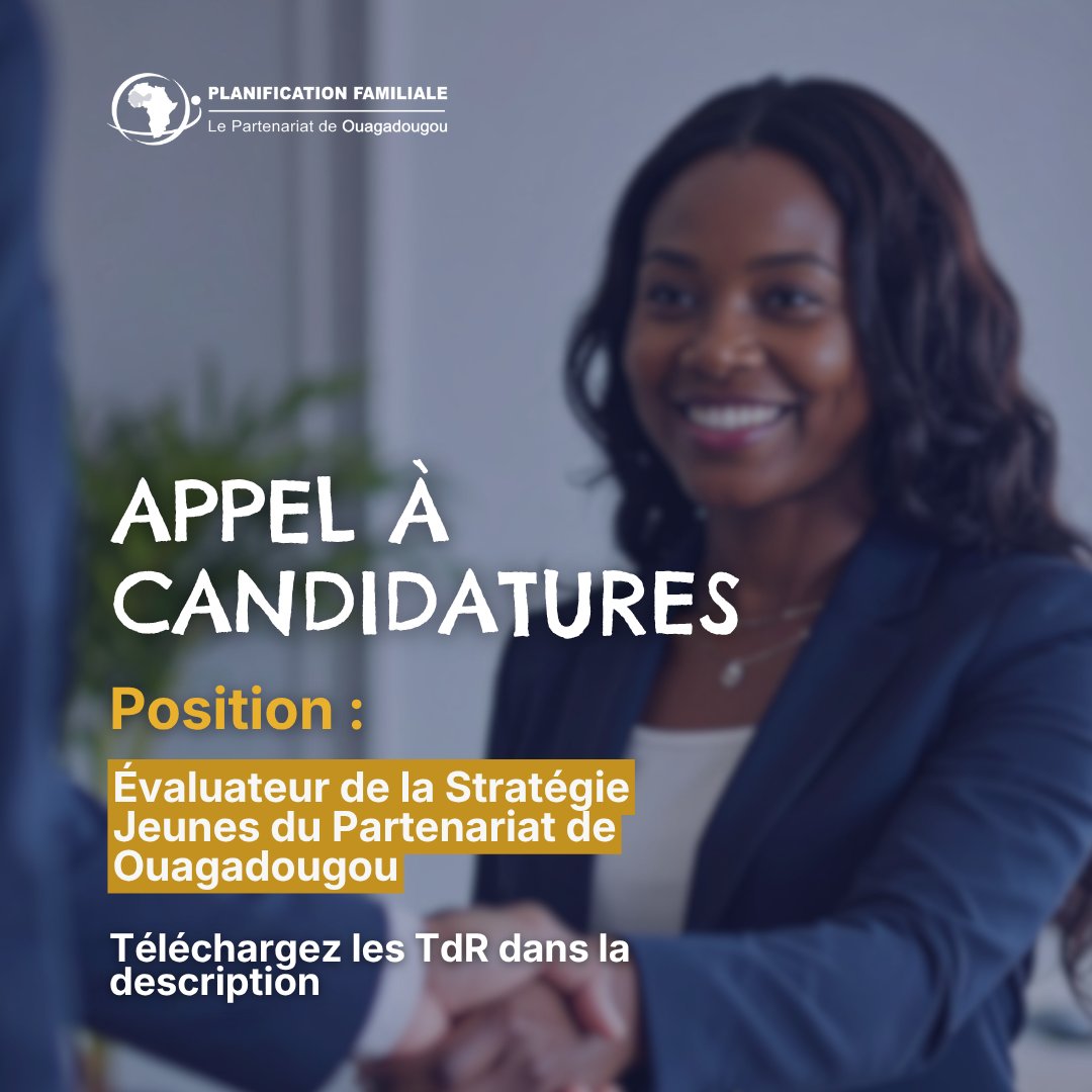POuagaPF's tweet photo. APPEL À CANDIDATURES : Évaluation de la Stratégie Jeunes du Partenariat de Ouagadougou

L'UCPO recrute un·e consultant·e ou une équipe de consultant·e·s pour apprécier la pertinence, l'efficacité et les effets/impacts de la stratégie sur la période 2019-2025, dans les neuf pays membres.

Dossier complet (offre technique et offre financière) à adresser à ucpo@partenariatouaga.org avec la mention en objet : « Candidature-Évaluation Stratégie Jeunes du PO ».

Date limite : 7 octobre 2026 à 23h59 GMT

Termes de référence : https://t.co/SfrcAPLzsJ

#Recrutement #Évaluation #POa15ans