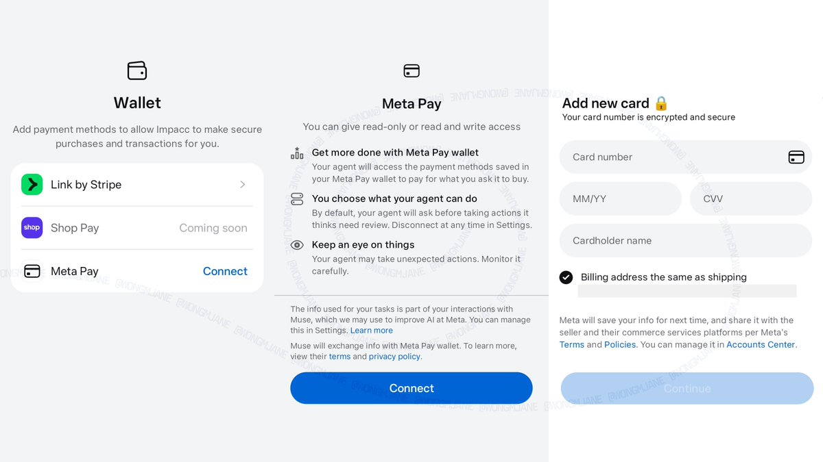 wallstengine's tweet photo. Looks like $META is building Meta Pay for Muse, a first-party wallet that would let its AI agent use saved payment methods to make purchases for users. https://t.co/e8gWytt0o2