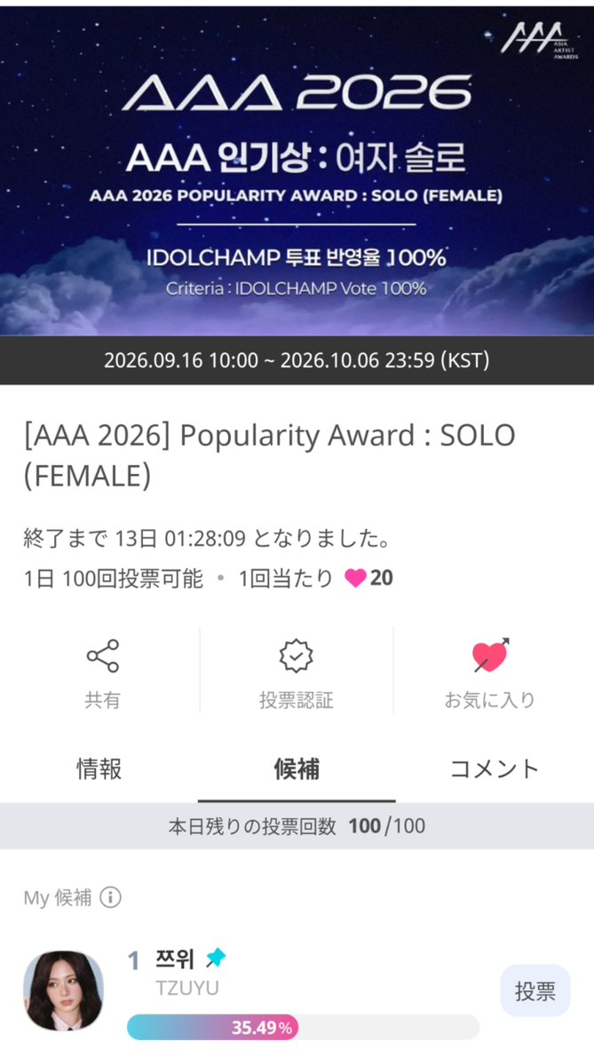 TFVUnion_Japan's tweet photo. 🏆AAA 2026 予選🏆

現在、TWICE、ツウィ、ダヒョンがそれぞれのカテゴリーで1位となっています！

この投票はとても長いため決勝に向けてIDOLCHAMPで🩷の収集を続けてください‼️

予選終了：10/6 23:59 20位まで決勝進出
 #TWICE  #TZUYU  #DAHYUN @JYPETWICE https://t.co/8BWPfjY6W6