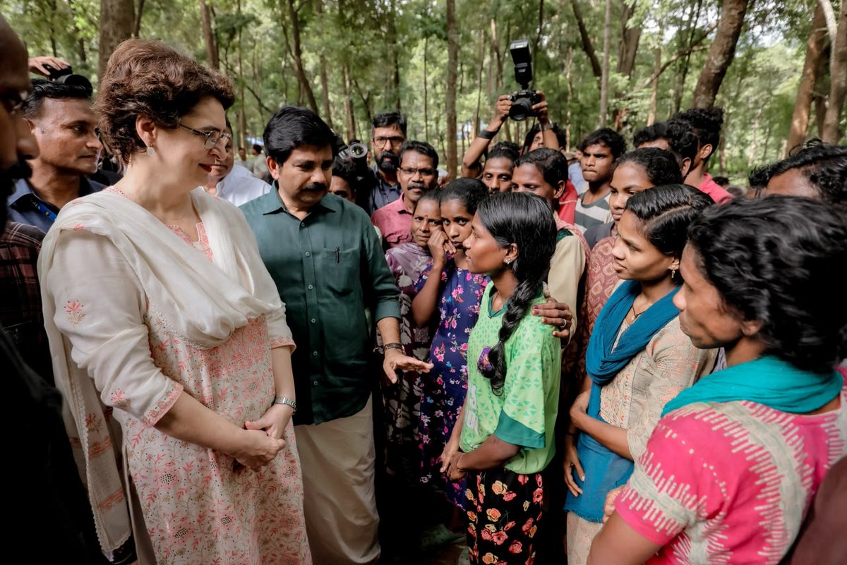 INCIndia's tweet photo. Congress General Secretary & Wayanad MP Smt. @priyankagandhi ji visited the displaced Adivasi settlement in Vaniyampuzha and assured the residents of her support in ensuring the timely completion of their homes.

She later paid a condolence visit to the family of late Billi ji, a victim of human-animal conflict.

📍 Wayanad, Kerala