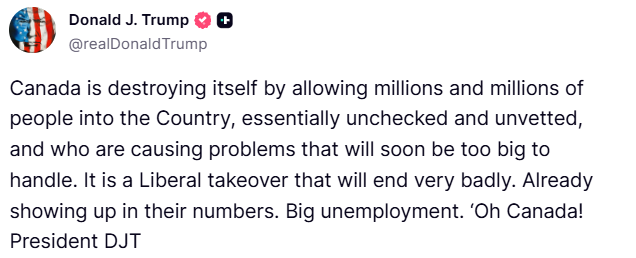 clashreport's tweet photo. Trump:

Canada is destroying itself by allowing millions and millions of people into the Country, essentially unchecked and unvetted, and who are causing problems that will soon be too big to handle. 

It is a Liberal takeover that will end very badly. Already showing up in their numbers. Big unemployment. ‘Oh Canada!