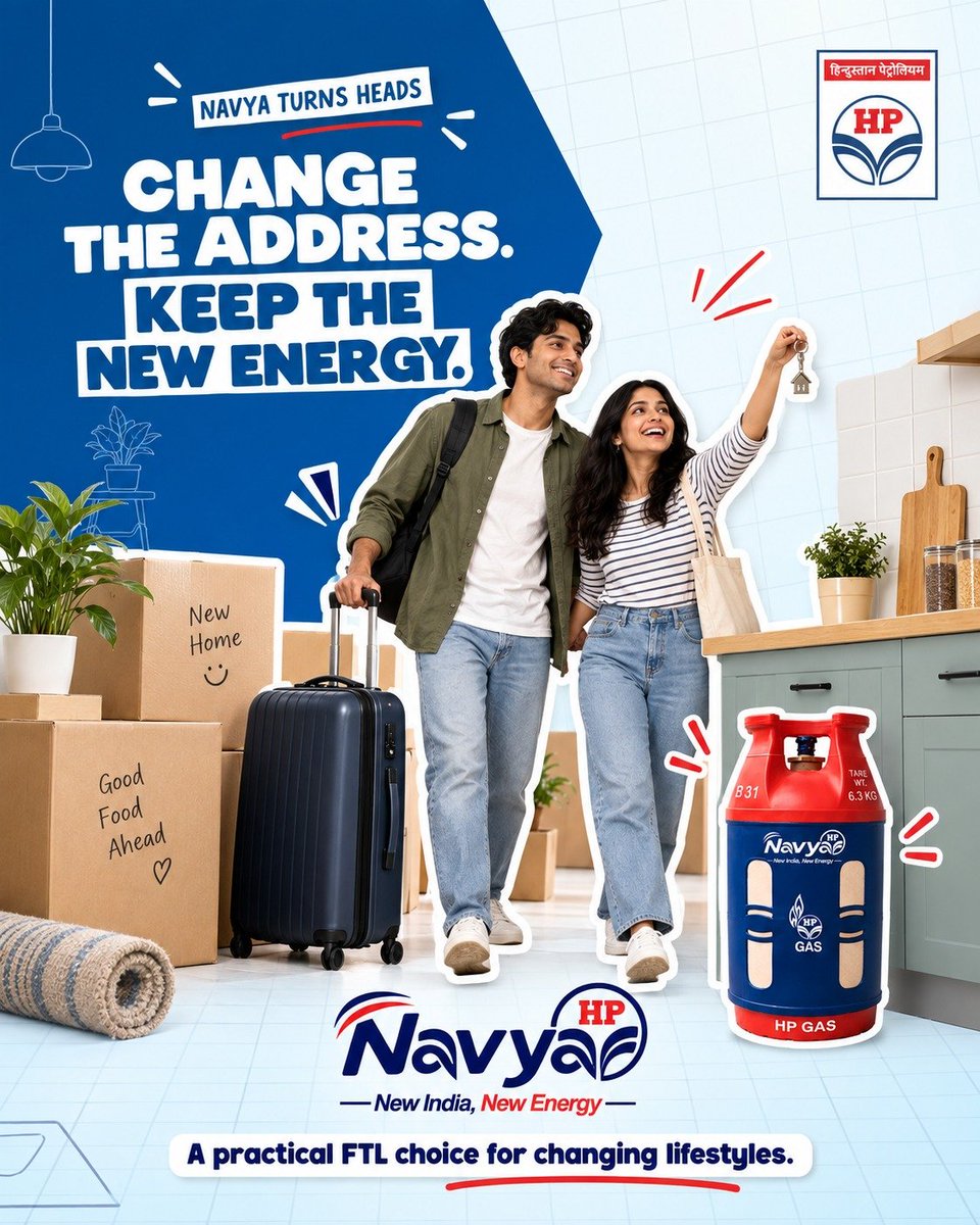 HPCL's tweet photo. 🏠 New address. New beginnings. Same need for dependable energy. 🔴🔵

As lifestyles change and homes change, HP Navya moves with you — a practical FTL choice designed for today’s modern, mobile lifestyle.

Change the address. Keep the New Energy. ✨

HP Navya | New India. New Energy.

@HPGAS_HQO @HardeepSPuri @PetroleumMin @TheSureshGopi @Secretary_MoPNG @neerajmittalias

#HPNavya #NewIndiaNewEnergy #NewBeginnings #ChangingLifestyles #ModernLiving #FTL