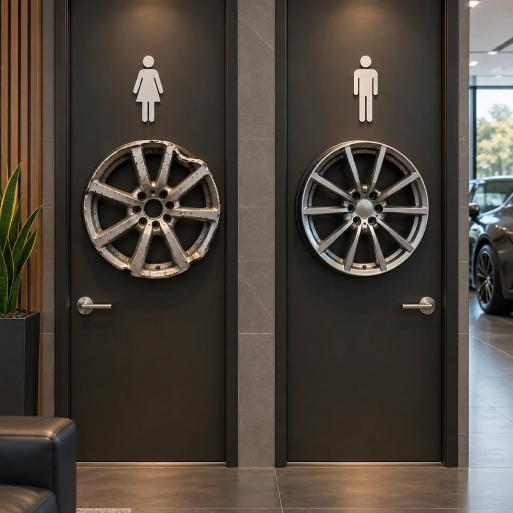 Loverism__'s tweet photo. We’re at the dealership and I’m over here CRACKING UP at these bathroom doors. 😂😂 And my wife, does NOT think this shit is funny at all. 😭 https://t.co/24QS3AMD8t