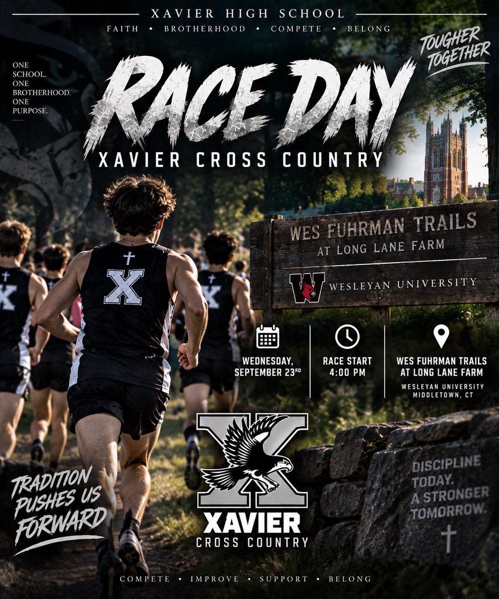 athleticsXHS's tweet photo. HOME MEET DAY!
After a week away from competition, Xavier Cross Country is back on the course today for its ONLY home meet of the season!
We race at Wes Fuhrman Trail at Wesleyan University
Come out and cheer on the boys!
#ThisisXavier
#ctxc https://t.co/xjTcxj0za6