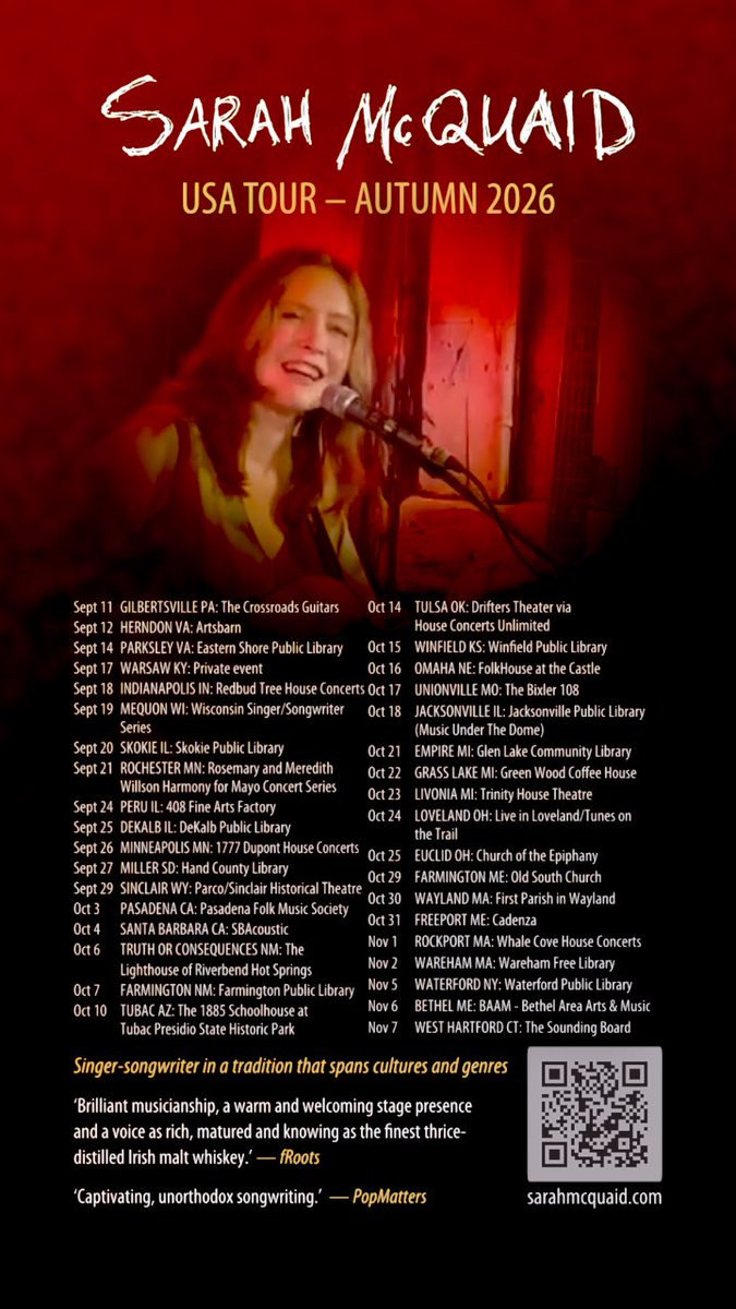 sarahmcquaid's tweet photo. -> #ZionUnitedChurchOfChrist via #MusicSuite408 #PeruIL TOMORROW (Thurs), #DeKalbPublicLibrary #DeKalbIL Fri, #1777DupontHouseConcerts #Minneapolis Sat, #HandCountyLibrary #MillerSD Sun, #ParcoSinclairHistoricalTheatre #SinclairWY via #RawlinsMusicAcademy Tues, & the -> https://t.co/jyh4muF4Fl