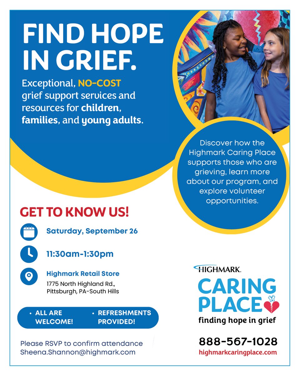 HighmarkCaring's tweet photo. GET TO KNOW @HighmarkCaring this Saturday, Sept. 26, 11:30am to 1:30pm. Highmark Retail Store, 1775 North Highland Rd., Pittsburgh. All are welcome! Refreshments! Learn more, connect for support, or become a volunteer: https://t.co/hEoCJlEBac, 888-567-1028. #HighmarkCaringPlace https://t.co/5xNWB1iNPU