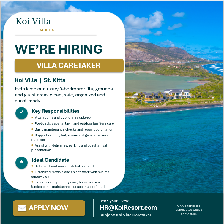 SKNMEL's tweet photo. We’re #hiring a Villa Caretaker for #Koi Villa, #StKitts.

The successful candidate will help maintain the villa, guest areas, pool deck, cabana, lawn, outdoor furniture, parking, stores, generator area and overall property presentation. https://t.co/GHhmqRCAdG