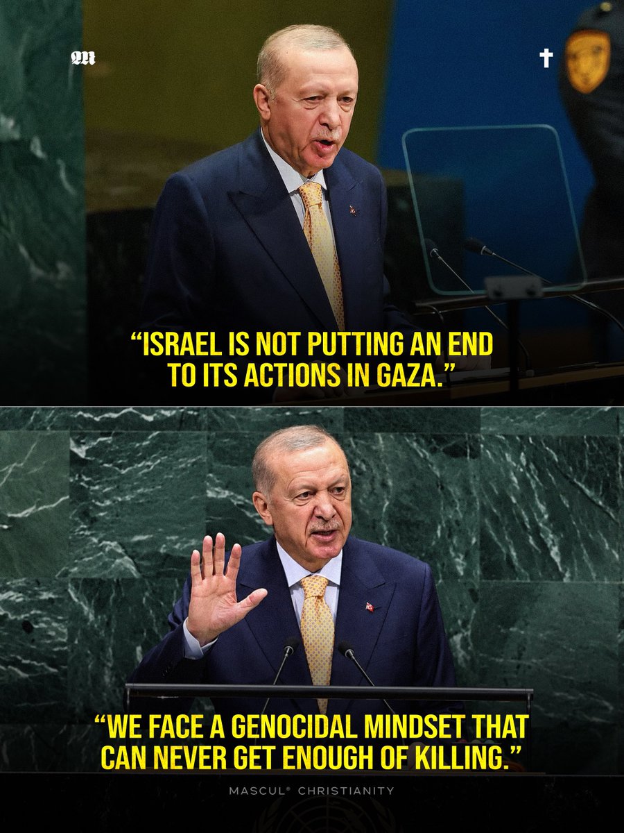 masculchristian's tweet photo. At the UN General Assembly, Turkish President Recep Tayyip Erdogan condemned Israel’s actions in Gaza, calling it “the world’s largest graveyard for children” and accusing Israel of a “genocidal mindset.” He also voiced support for a free and sovereign Palestinian state. https://t.co/0rwhS47xYX