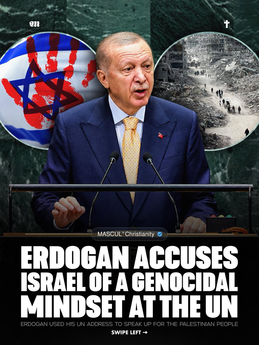 masculchristian's tweet photo. At the UN General Assembly, Turkish President Recep Tayyip Erdogan condemned Israel’s actions in Gaza, calling it “the world’s largest graveyard for children” and accusing Israel of a “genocidal mindset.” He also voiced support for a free and sovereign Palestinian state. https://t.co/0rwhS47xYX