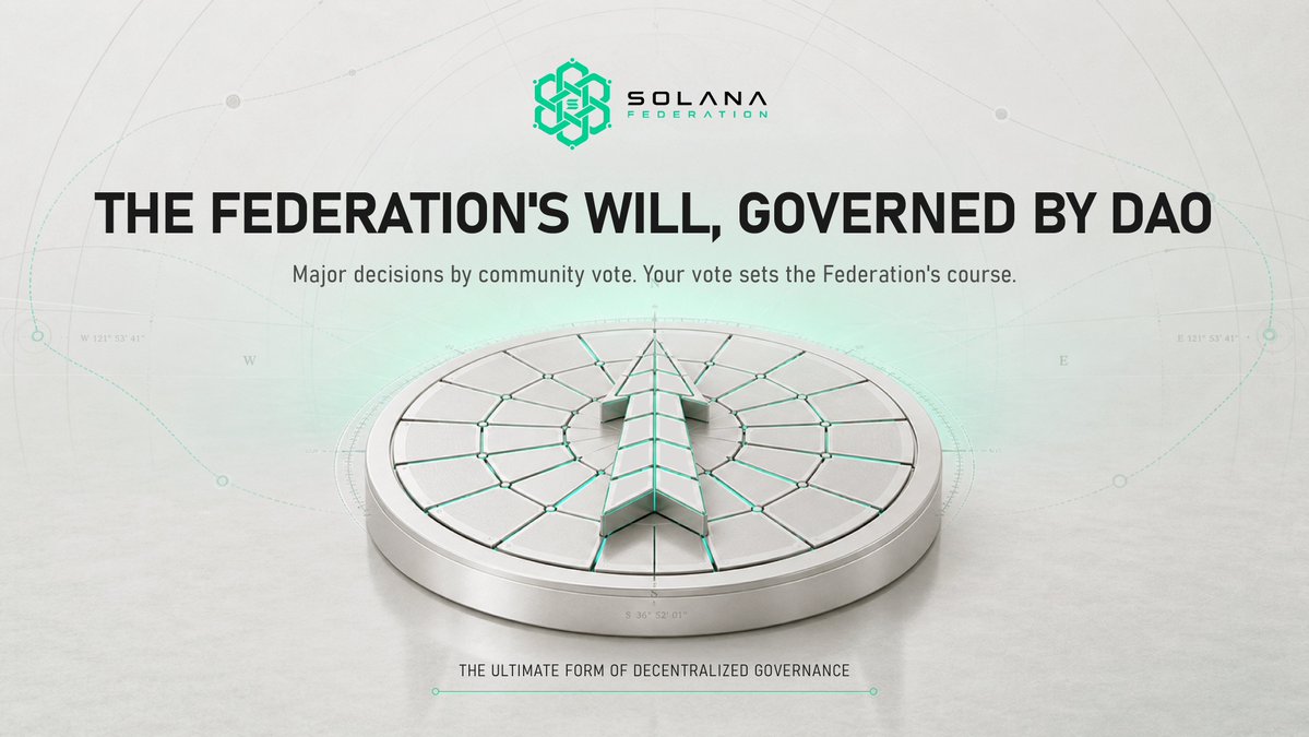 SolanaFed's tweet photo. THE FEDERATION'S WILL, GOVERNED BY DAO 
Major decisions by community vote. Your vote sets the Federation's course. The ultimate form of decentralized governance. #Solana #SOL #SolanaFederation #DAO #Web3 #Governance https://t.co/k2dyQPSlr9