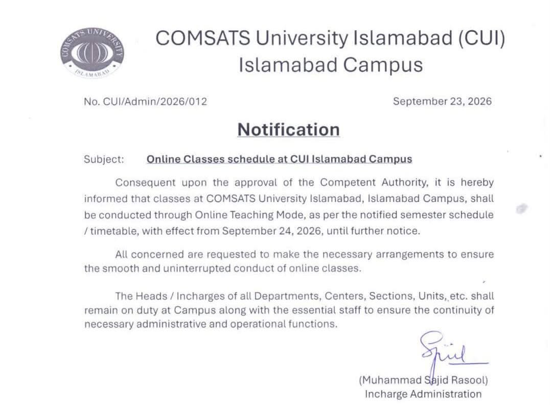 Newspectation's tweet photo. Big News

COMSATS Islamabad online until further notice..

#trending #news #newspectation https://t.co/VOuaNPsUbw
