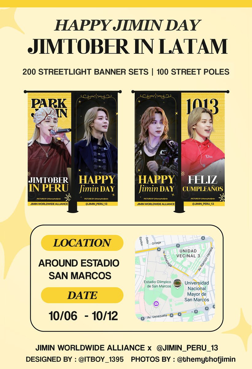 JIMIN_PERU_13's tweet photo. ✨ 2026 JIMIN SUPPORT ✨

JIMTOBER EN LATAM
🇵🇪 PROYECTO PERÚ: BANNERS EN LAS CALLES
200 sets de banners | 100 postes de luz

🗓️ 10.06 (mar) – 10.12 (lun)
📍 Alrededores del Estadio San Marcos, Lima

¡Para celebrar el cumpleaños de Jimin, JIMIN WORLDWIDE ALLIANCE está cubriendo las calles de Lima, Perú con banners! 💛

Agradecimientos especiales:
Diseño del banner: @ITBOY_1395
Crédito de foto: @themythofjimin
Fanbase Partner: @JIMIN_PERU_13

🏷️ ¡Por favor etiqueta a @ThePJMSoc_BU/@JIMIN_PERU_13 cuando publiques tus fotos!

TOGETHER FOR JIMIN
JIMIN WORLDWIDE ALLIANCE
WITH JIMIN TILL THE END

#JIMIN #JIMIN_ROAD