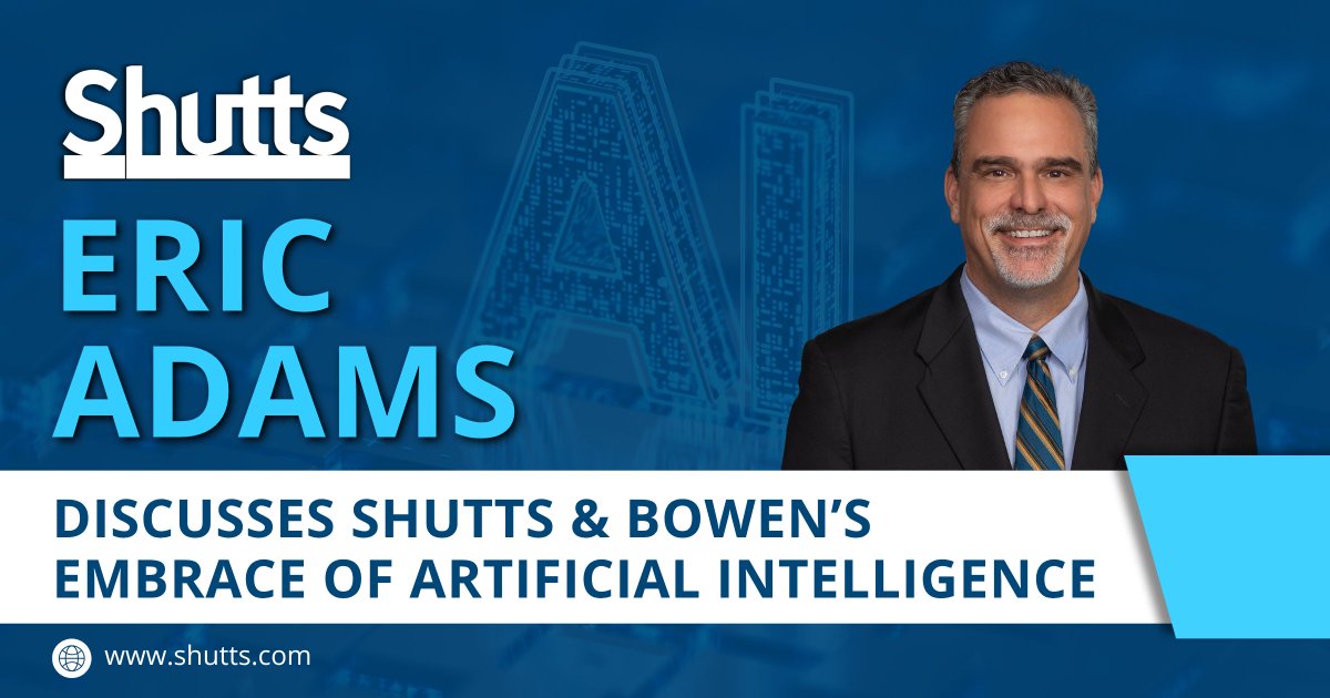 ShuttsBowen's tweet photo. #Shutts & Bowen LLP #Tampa Partner and Co-Chair of the #BusinessLitigation Practice Group Eric S. Adams was recently featured in the #TampaBayBusinessJournal article, “Why This Century-Old Florida Law Firm Became an AI Champion,” discussing the firm’s adoption of #Artificialintelligence and its growing impact on the legal profession.

https://t.co/wGpdltvnqg