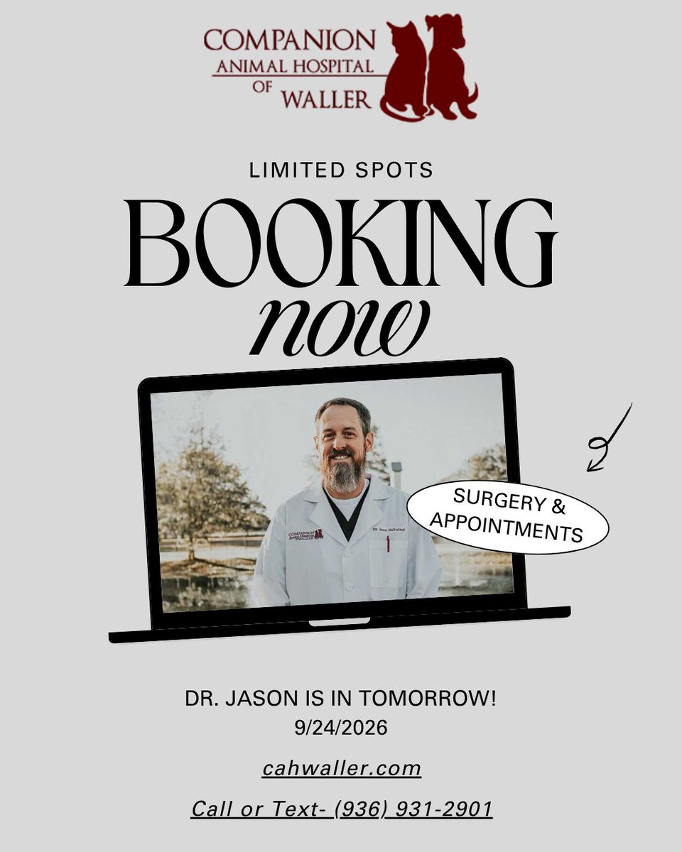 cahofwaller's tweet photo. 📅🐾 Dr. Jason is in tomorrow! 🐾📅

Dr. Jason will be at Companion Animal Hospital of Waller on 9/24/2026, and we still have limited spots available for appointments and surgeries.

Call, text, or book online today before the schedule fills up!

📞... https://t.co/okWjdQRDMC https://t.co/rDwebIrhks