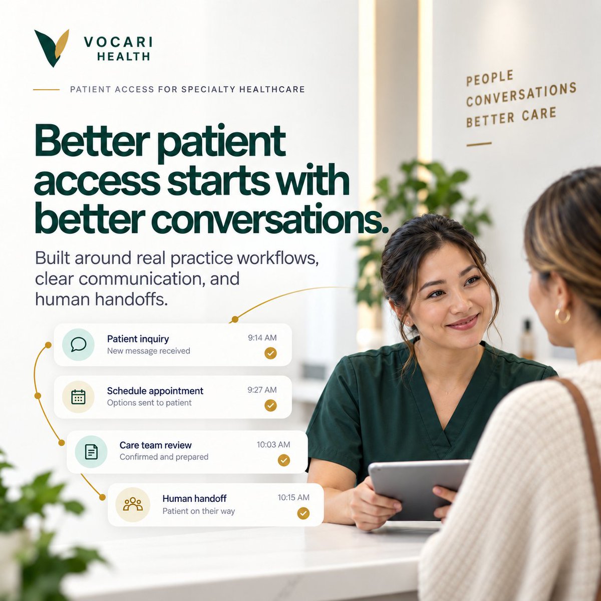 VocariHealth's tweet photo. Better patient access starts with better conversations.

Every patient interaction should lead to a clear next step, whether that means scheduling an appointment, answering a question, completing the next part of the process, or getting the right person involved.

That is what we are building Vocari around: helping practices create a smoother patient journey from the first conversation through whatever comes next.

#VocariHealth #PatientAccess #HealthcareOperations #HealthcareAI #PatientExperience #Veltrex