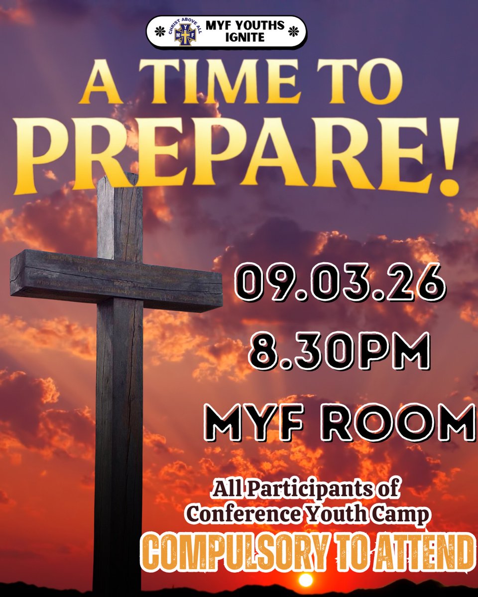 RyannRothell's tweet photo. Preparation begins with prayer. Before the Conference Youth Camp, let’s come together to seek God and prepare our hearts for what He has in store. March 9, 2026, at 8:30 PM 
MYF Room

Attendance is compulsory for all participants. “Draw near to https://t.co/OxUgGgeAgi