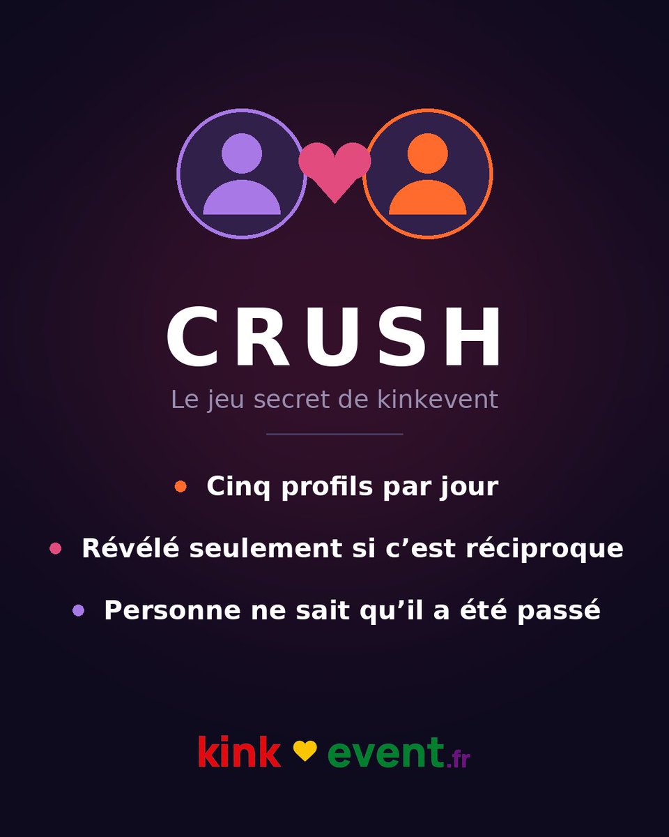 KinkEvent's tweet photo. 🔥 Nouveau sur Kinkevent : découvrez Crush !
Un jeu, un secret et zéro pression. Chaque jour, 5 profils compatibles vous sont proposés.Votre crush reste secret et ne se révèle qu'en cas de réciprocité. 🤫
👉 lien en bio
#Kink #Crush #Rencontres #Consentement #Kinkevent https://t.co/vQqiiawzkR
