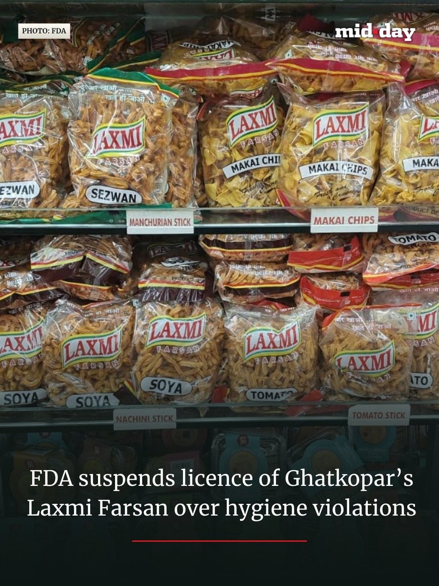 mid_day's tweet photo. The FDA inspected Laxmi Farsan in Ghatkopar East on September 22 and found pest activity, improper food storage, and a lack of temperature-controlled facilities.

The establishment also lacked a proper cleaning schedule and failed to follow hygiene and sanitation requirements under Schedule 4, leading to licence suspension.