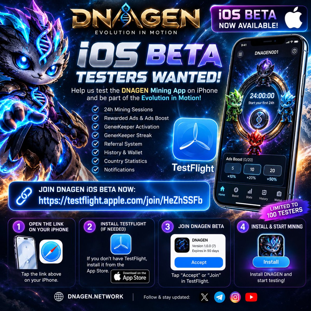 DnaGenCoin's tweet photo. 🍎🧬 DNAGEN iOS BETA IS NOW OPEN!

The DNAGEN Mining App is now available for iPhone beta testers through Apple TestFlight!

We’re looking for DNAGEN community members who want to test the app, mine $DNAGEN and help us polish the iOS version before the official release.

🔥 Test:
 24H Mining • Rewarded Ads • Ads Boost • 4 GeneKeepers • GeneKeeper Streak • Referrals • History • Wallet • Country Statistics • Notifications
How to join:

Open the link below on your iPhone.

Install TestFlight from the App Store if you don't already have it.
Open the DNAGEN link again and tap Join/Accept.
Install DNAGEN 1.0.0 (7).
Start your first 24H mining session. 🧬
⚠️ Limited to the first 100 iOS beta testers.

https://t.co/RkGpah6Twy 
🎁 REWARDS FOR BETA TESTERS

Everything you mine during the DNAGEN iOS Beta stays on your account — your mined $DNAGEN will NOT be lost when the beta test ends.

And there’s more:
 Every participating iOS beta tester will receive an additional 1,000 $DNAGEN reward for helping us test the app. 🧬💙
Mine. Test. Report bugs. Help us build DNAGEN.