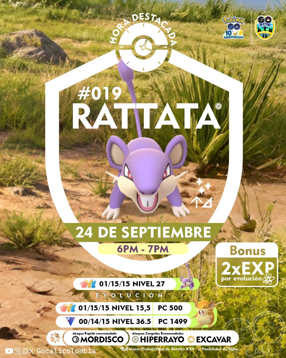 GoCaliColombia's tweet photo. 🐭 #Rattata llega a la #HoraDestacada de este jueves en #PokémonGo! 🐭
📅 2️⃣4️⃣ de septiembre de 6pm a 7pm
✨ Bonus de Doble Exp por Evolución ⚛️ y Mayor probabilidad de Rattata XXS 📐 😲
#juegaencomunidad
#gocalicolombia #infografiapokemon #citysafaricolombia https://t.co/UBZfVNF8ff