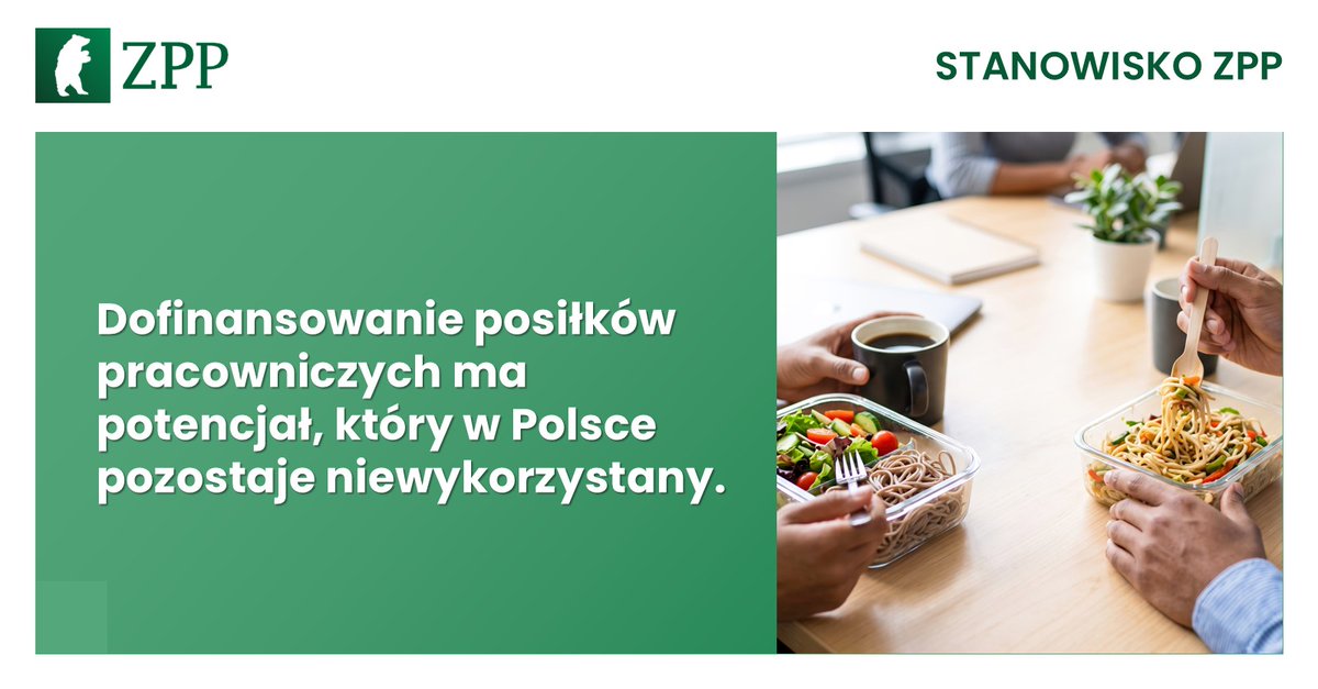 ZPPnetpl's tweet photo. 🍽️ Dofinansowanie posiłków pracowniczych ma potencjał, który w Polsce pozostaje niewykorzystany.

Z benefitu korzysta dziś zaledwie 5–8% firm, mimo że aż 72% pracowników uważa go za atrakcyjny, a 87% firm przy odpowiedniej zachęcie rozważyłoby jego wdrożenie.

Przyczyną takiego stanu rzeczy są https://t.co/J9wAwqkYAI. obowiązujące limity. 450 zł miesięcznie – kwota niezmieniana od 2023 r. – przekłada się na blisko 21,43 zł dziennie, za co trudno sobie dziś wyobrazić kupienie pełnoprawnego obiadu.

Dlatego jako ZPP popieramy rekomendacje przedstawione w najnowszym raporcie @FundacjaWEI i postulujemy https://t.co/J9wAwqkYAI. powiązanie wartości instrumentu z przeciętnym wynagrodzeniem w sektorze przedsiębiorstw oraz jego regularną waloryzację.

Zachęcamy do zapoznania się z pełną treścią naszego komentarza w tej sprawie 👉https://t.co/IQoZPqONkC

@MRPiPS_GOV__PL