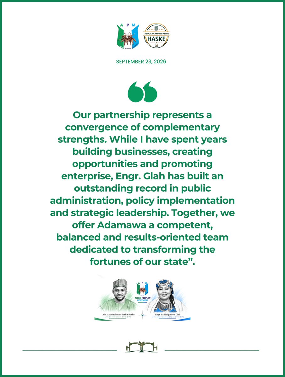 OfficialABHaske's tweet photo. My partnership with @OfficialSafriel brings together private-sector experience, public-sector leadership and a shared determination to deliver meaningful results for our people.

Together, we move with purpose.

#HaskeIsOk #AdamawaFirst #TheJourneyContinues https://t.co/jaCkXzjjI2