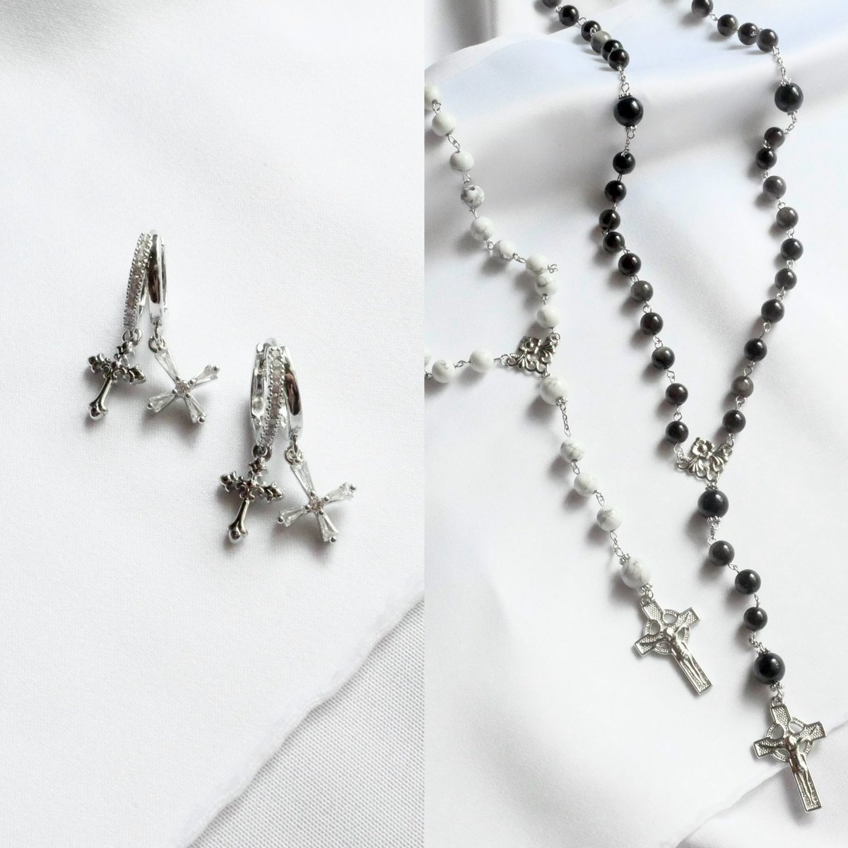 LorE____x_'s tweet photo. LORE Autumn Jewelry Collection⋆˚

【数量限定】Aetheria Rosary
各¥4,500
Selene：澄んだ輝きの清らかなロザリオ
Eclipse：影を纏うモードな黒のロザリオ

【受注販売】Aetheria Hoop
¥3,000
揺れるクロスが華やかなフープピアス

販売期間：9月27日(日) 23:59まで

SHOP▷https://t.co/Npdek2FFc3 https://t.co/QUbTx01cx2