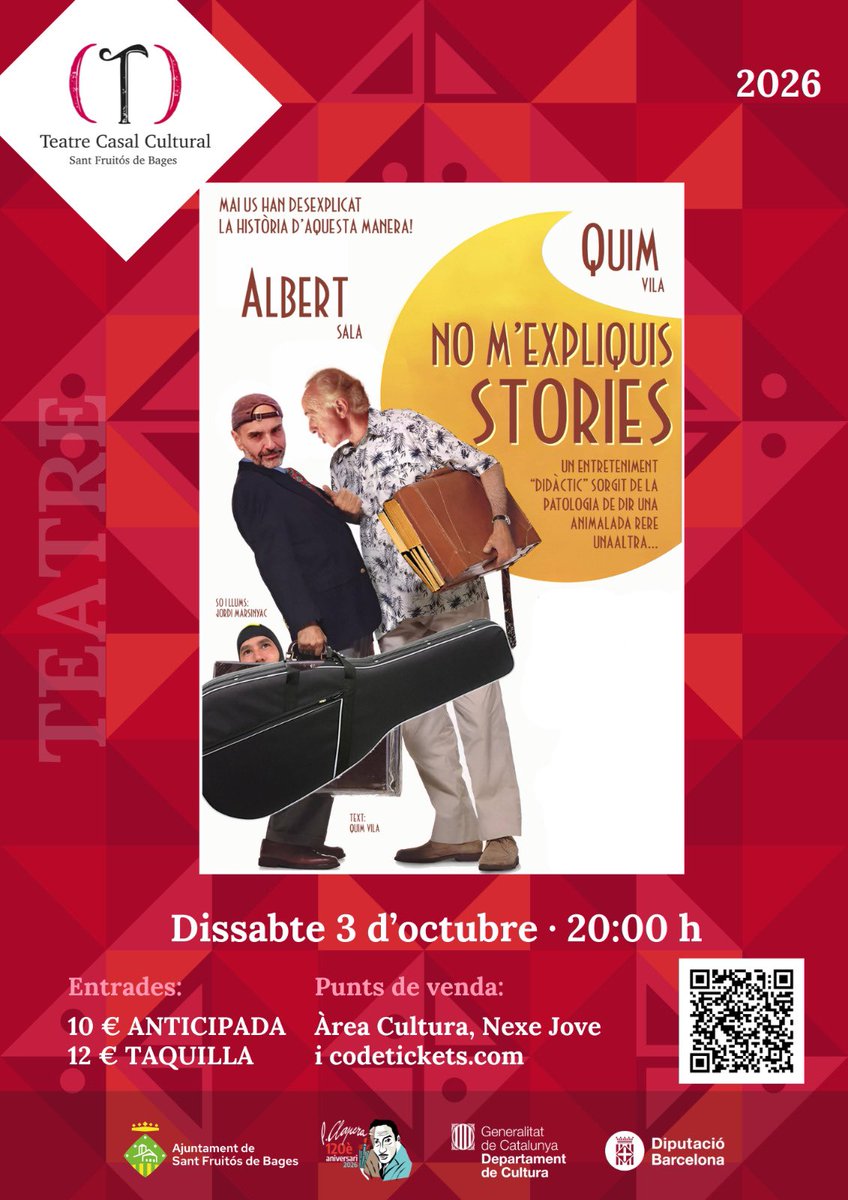 AjSantFruitos's tweet photo. 🎭😂Arriba a #Santfruitós l’humor irònic de Quim Vila i Fermí Fernández amb la comèdia "No m'expliquis stories!"
🎫El Teatre Casal Cultural acollirà l'espectacle el pròxim dissabte 3 d’octubre.
➕https://t.co/ethGT8Lc0s
#SFB #teatre https://t.co/WQmyZpJVvO