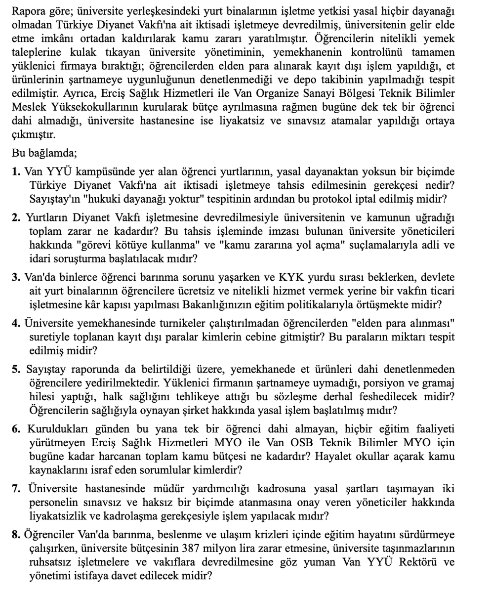 mervsismn's tweet photo. EMEP Gaziantep Milletvekili Sevda Karaca, Sayıştay’ın Van Yüzüncü Yıl Üniversitesi’nin 2025 yılı denetim raporundaki tespitleri Meclis gündemine taşıdı. 

Karaca, üniversite kampüsündeki yurtların Türkiye Diyanet Vakfı’na ait iktisadi işletmeye devredilmesini, yemekhanedeki kayıt dışı para tahsilatını, denetimsiz et ürünlerini, öğrenci almayan yüksekokulları ve üniversite hastanesindeki sınavsız atamaları Milli Eğitim Bakanı Yusuf Tekin’e sordu.