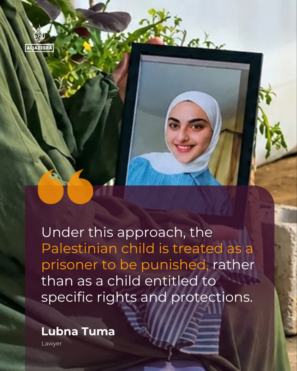 AJEnglish's tweet photo. Palestinian children in Israeli prisons face total isolation, says lawyer Lubna Tuma. She says Israel's deliberate policy provides only enough to keep them alive, not what a child needs to grow and stay healthy https://t.co/e7Bivrn65j https://t.co/8f3nr31B9K