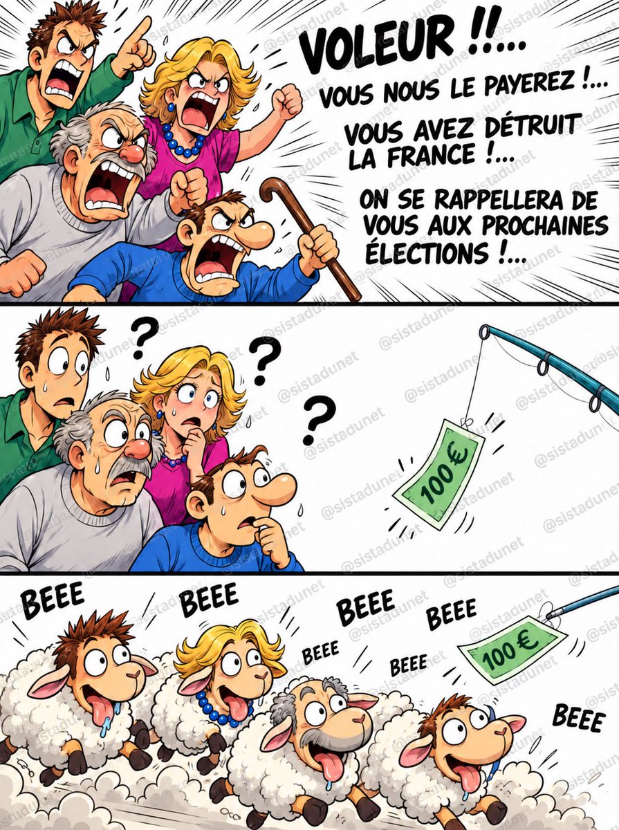 sistadunet's tweet photo. Ça hurle que la France est détruite.
Ça jure qu’ils n’oublieront pas.
Ça jure qu’ils puniront aux prochaines élections.
Il suffit d’un chèque recyclée sous un autre nom pour que la scène bascule.
Le gazole à 2,41 €, les files chez Total parce que le prix y est plafonné mais ils ne veulent absolument pas baisser leurs putains de TAXES !!!
Mais le réflexe mouton est plus fort que la mémoire !!!
Ça fera barrage.