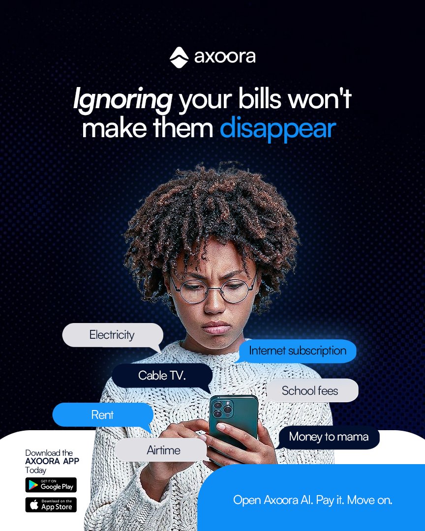Axoora_ai's tweet photo. You staring at your bills won't make them disappear. 😅

But you know what will? Handling them with Axoora. 😎

Whatevers bills you've to pay, Axoora got you covered! Download the Axoora app today on Google Play store and App store, and enjoy seamless money moves. https://t.co/5cfQe3UYN5
