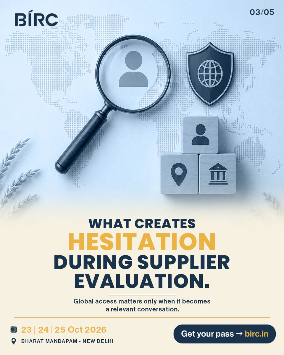 BIRC2026's tweet photo. What can a buyer conversation reveal?

Which specs the market values. What makes buyers hesitate. What they need to see next. Access opens the door at BIRC 2026. Preparation keeps it open.

23, 24 & 25 Oct 2026 | Bharat Mandapam, New Delhi
Get your pass: https://t.co/XGCUBLKTuw

#BIRC2026 #InternationalBuyers #RiceTrade