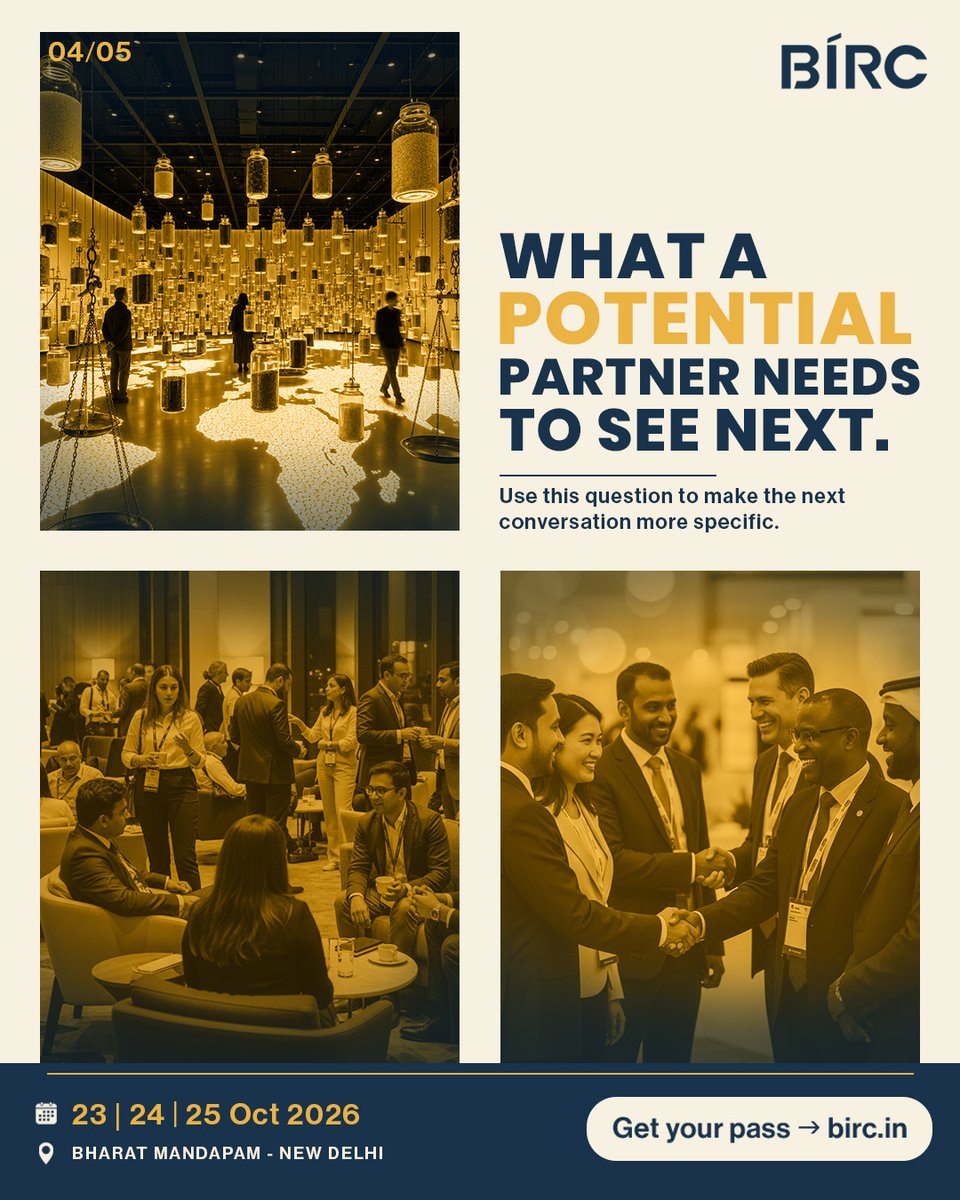 BIRC2026's tweet photo. What can a buyer conversation reveal?

Which specs the market values. What makes buyers hesitate. What they need to see next. Access opens the door at BIRC 2026. Preparation keeps it open.

23, 24 & 25 Oct 2026 | Bharat Mandapam, New Delhi
Get your pass: https://t.co/XGCUBLKTuw

#BIRC2026 #InternationalBuyers #RiceTrade