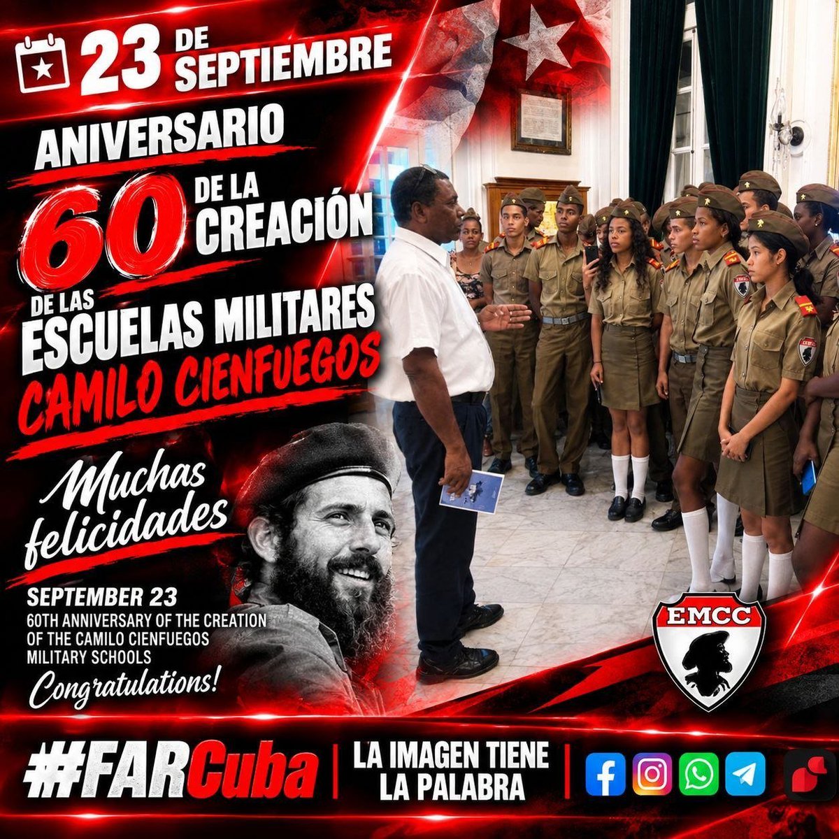 JorgeMadrigalD's tweet photo. Hoy 23 de septiembre, celebramos el 60 aniversario de la creación de las Escuelas Militares Camilo Cienfuegos, instituciones que han contribuido a la formación de miles de jóvenes, inspirados en el ejemplo del Señor de la Vanguardia. ¡Felicidades! desde #CiegodeÁvila #Cuba https://t.co/vxPN11DTmG