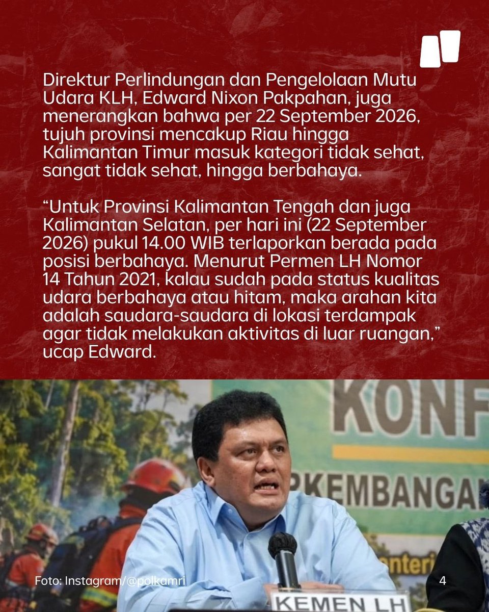 NarasiNewsroom's tweet photo. Kasus ISPA akibat karhutla di Kalimantan meningkat hingga 174.694 orang. Di antara ratusan ribu kasus, 40 ribu lebih dialami oleh pasien balita. Direktur Perlindungan dan Pengelolaan Mutu Udara KLH, Edward Nixon Pakpahan, juga menerangkan bahwa per 22 September 2026, tujuh provinsi mencakup Riau hingga Kalimantan Timur masuk kategori tidak sehat, sangat tidak sehat, hingga berbahaya.

Baca sampai akhir untuk dapat penjelasan lengkapnya.

| Narasi Daily
