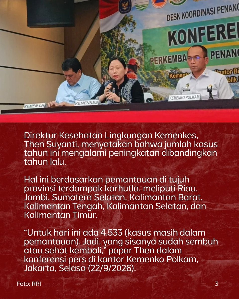 NarasiNewsroom's tweet photo. Kasus ISPA akibat karhutla di Kalimantan meningkat hingga 174.694 orang. Di antara ratusan ribu kasus, 40 ribu lebih dialami oleh pasien balita. Direktur Perlindungan dan Pengelolaan Mutu Udara KLH, Edward Nixon Pakpahan, juga menerangkan bahwa per 22 September 2026, tujuh provinsi mencakup Riau hingga Kalimantan Timur masuk kategori tidak sehat, sangat tidak sehat, hingga berbahaya.

Baca sampai akhir untuk dapat penjelasan lengkapnya.

| Narasi Daily