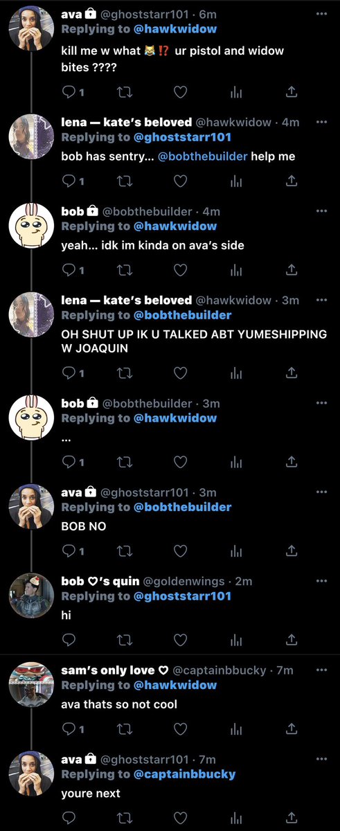 bishopswidow's tweet photo. my contribution hi + me cameo #bishova #sambucky #bobquin i wanted to add wanda and tony yumeshipping w nat and steve too but i couldnt fit them 😭💔 https://t.co/MT8PXpWlIe
