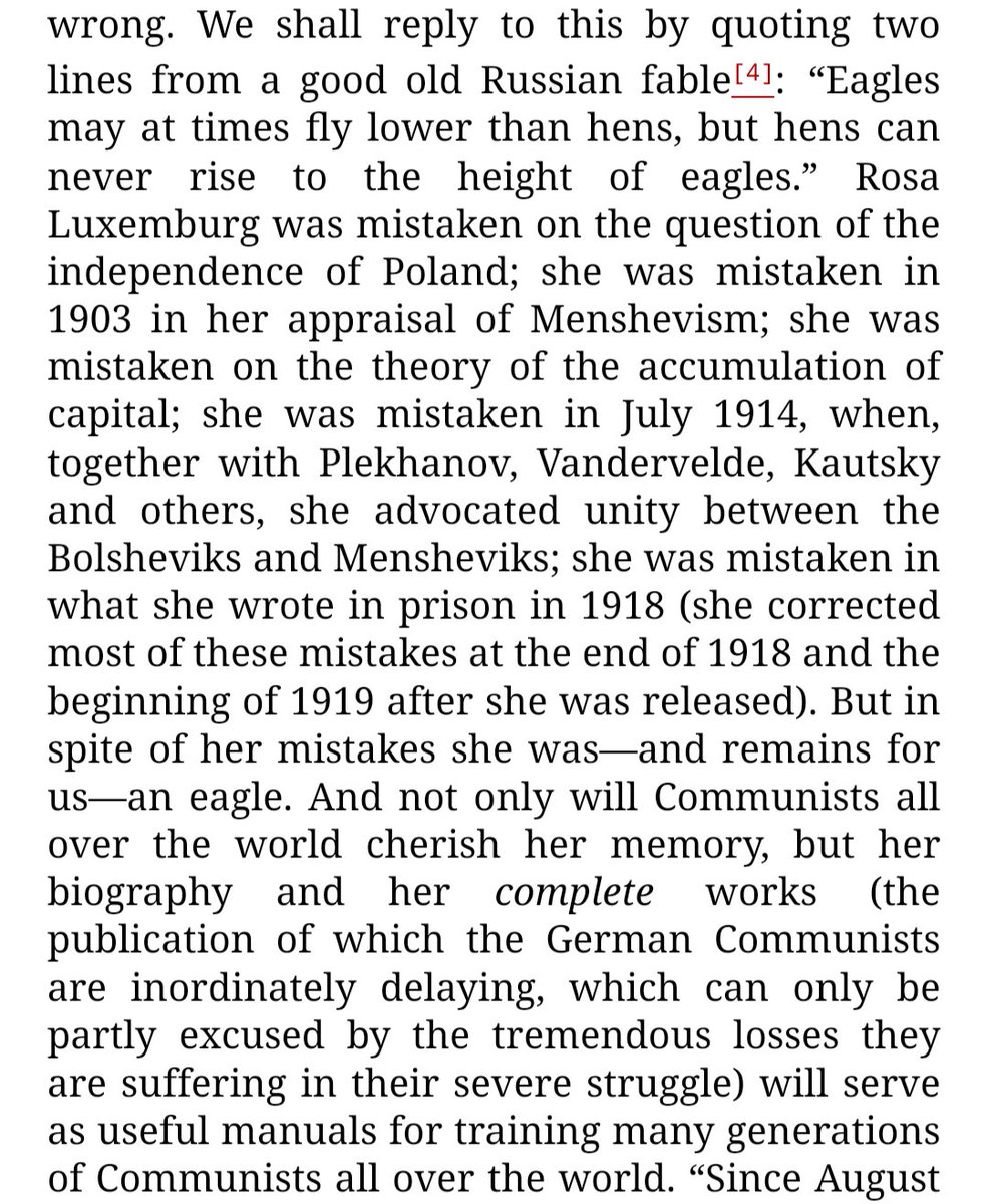 TeeVeeInspector's tweet photo. Lenin on Rosa Luxemburg: “Eagles may at times fly lower than hens, but hens can never rise to the height of eagles.” https://t.co/DyZaaGrYW7