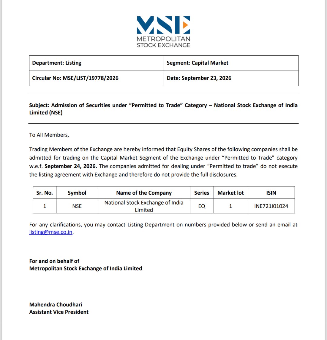 SandeepIIMC's tweet photo. 🚨 NSE SHARES TO TRADE ON BOTH BSE & MSE....

Big development for NSE investors! 📈

NSE shares will start trading on the BSE and Metropolitan Stock Exchange (MSE) from September 24, 2026.

🔹 BSE: Official listing
🔹 MSE: Permitted-to-Trade category
🔹 Symbol: NSE

NSE is now set to have its shares traded across both BSE and MSE.
#NSE 
#BSE
#MSEI