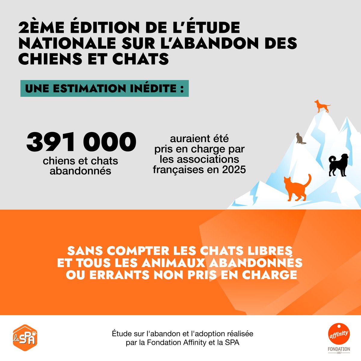 SPA_Officiel's tweet photo. 🐾La deuxième édition de l’étude nationale sur l'abandon des chiens et des chats est en ligne  !​
Près de 900 associations se sont mobilisées pour y contribuer afin de mieux comprendre le
phénomène de l’abandon pour mieux le combattre.🤝​

📊 D’après nos estimations, en 2025, 391 000 chats et chiens ont été pris en charge  !

Cette nouvelle édition met en lumière :​

- les difficultés croissantes rencontrées par les refuges ;​
- les principales causes d'abandon ;​
- le rôle essentiel des bénévoles et des familles d'accueil ;​
- de nouveaux thèmes : les campagnes de « chats libres » et les difficultés des associations qui les
mènent, le devenir des animaux en fourrière, les molossoïdes et Malinois, et d’autres angles pour
affiner le diagnostic.​

🔎Découvrez les résultats complets de l'étude et les pistes d'action pour faire reculer le fléau de
l’abandon : https://t.co/sB1MQEDd9V