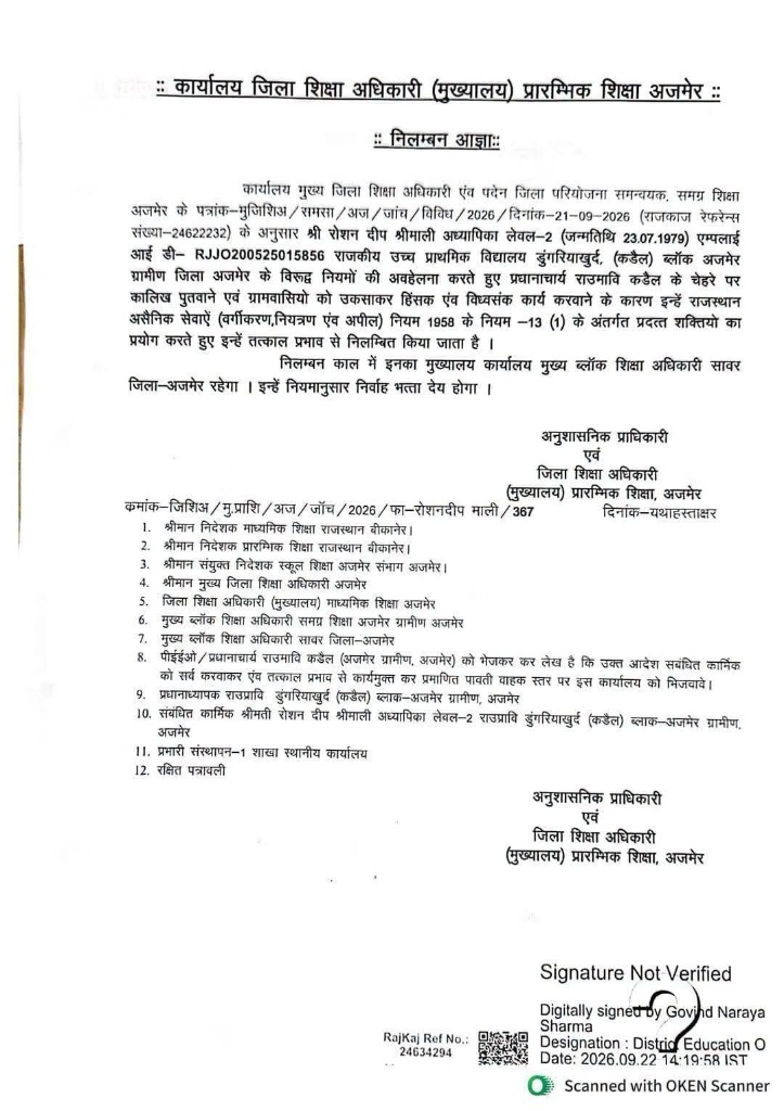 ExposeNowNews's tweet photo. अजमेर से शिक्षा के मंदिर को शर्मसार करने वाली घटना सामने आई है, जहां स्कूल स्टाफ ने ही ग्रामीणों को भड़काकर अपने प्रधानाचार्य के चेहरे पर कालिख पुतवा दी थी। 

इस हिंसक कृत्य पर सख्त एक्शन लेते हुए, जिला शिक्षा अधिकारी ने अध्यापिका रोशन दीप श्रीमाली और लैब असिस्टेंट हिया सोलंकी को तुरंत प्रभाव से निलंबित कर दिया गया 

#AjmerNews #RajasthanEducation #EducationNews #TeacherSuspended