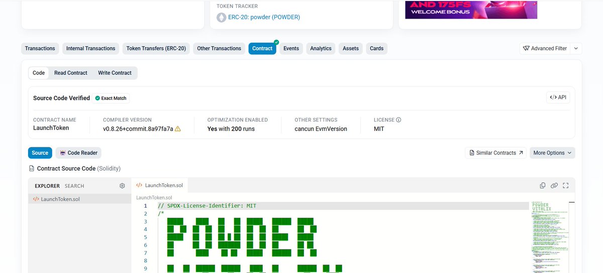 Powderdotfamily's tweet photo. powder.exe has been scanned.

threats found: 0
owner functions: 0
mint functions: 0

$POWDER source is verified on etherscan, exact match. lp locked in the contract forever.

https://t.co/qN09QQFIVy https://t.co/xDLxcgZAg0