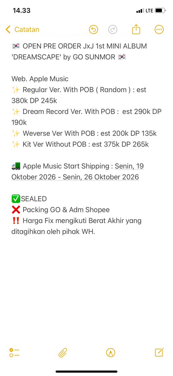 hourlyals's tweet photo. 🇰🇷 OPEN PRE ORDER JxJ 1st MINI ALBUM 'DREAMSCAPE' by GO SUNMOR 🇰🇷

🚛 Apple Music Start Shipping : Senin, 19 Oktober 2026 - Senin, 26 Oktober 2026

✅SEALED
❌ Packing GO &amp; Adm Shopee 
‼️ Harga Fix mengikuti Berat Akhir yang ditagihkan oleh pihak WH. https://t.co/42PtaBezg3