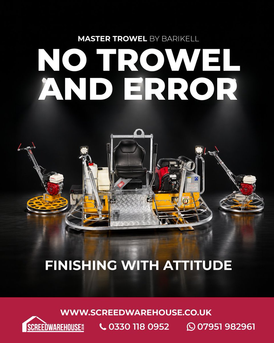 screedwarehouse's tweet photo. No trowel and error.
Master Trowel by Barikell gives you the power and control to finish concrete faster, smoother and with less messing about.
Available from Screed Warehouse.
Call: 0330 118 0952
https://t.co/EiLC4Ca8hS
#ScreedWarehouse #MasterTrowel #Barikell #PowerTrowel https://t.co/eqeeFTtY2M